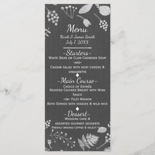 Charcoal Gray & Silver Floral Wedding Menu Card Menükarte (Vorderseite)