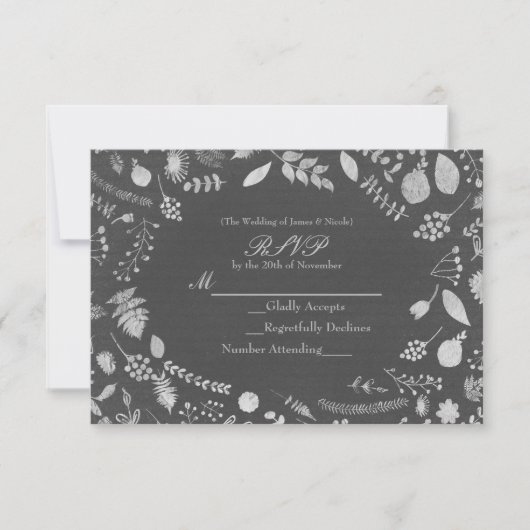 Charcoal Gray & Silver Floral Wedding RSVP Karte (Vorderseite)