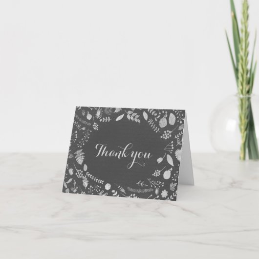 Charcoal Gray & Silver Floral Wedding Vielen Dank Dankeskarte (Vorderseite)