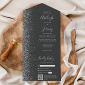 Charcoal Gray Silver Glitter QR Code Wedding All In One Einladung