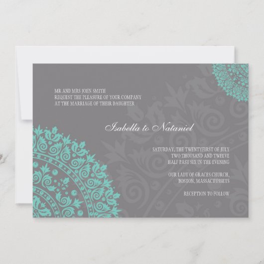 Charcoal Gray und Aqua Damask Hochzeit Einladung (Vorderseite)