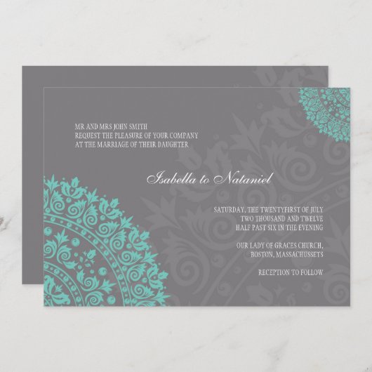 Charcoal Gray und Aqua Damask Hochzeit Einladung (Vorne/Hinten)