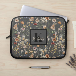Charcoal Gray Watercolor Wildflowers Monogrammed Laptopschutzhülle