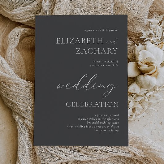 Charcoal Gray White Script Wedding Celebration Einladung