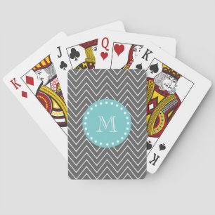 Charcoal Gray Zickzack Pattern   Aquamarin Monogra Spielkarten