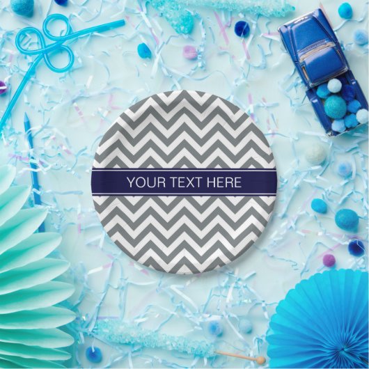 Charcoal Grey Lg Zickzack Navy Blue Name Monogram Pappteller (Party)