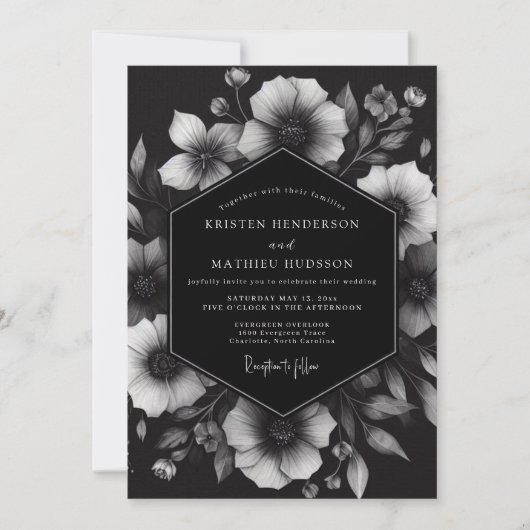 Charcoal Ink Blot Bloom Wedding Einladung (Vorderseite)