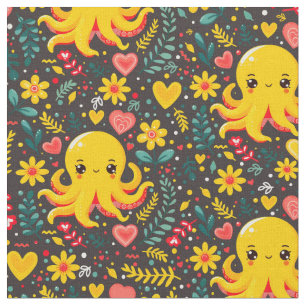 Charcoal Kawaii Octopus Floral Sea Garden Stoff