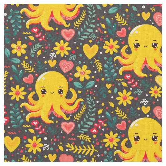 Charcoal Kawaii Octopus Floral Sea Garden Stoff (Nahaufnahme)