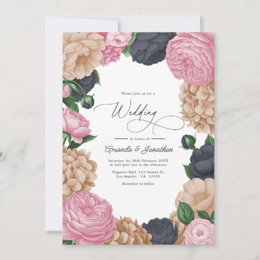 Charcoal, Light Taupe & Peony Pink Floral Wedding Einladung (Vorderseite)