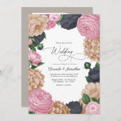 Charcoal, Light Taupe & Peony Pink Floral Wedding Einladung (Vorne/Hinten)