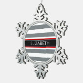 Charcoal mit Horz Preppy Strip Black Name Monogram Schneeflocken Zinn-Ornament (Rechts)