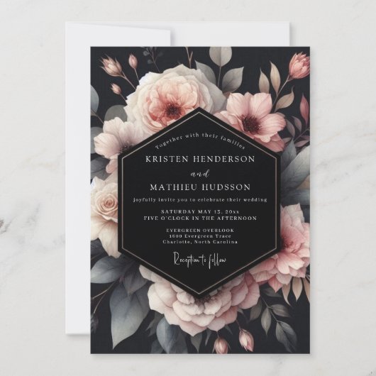 Charcoal Moody Bloom Wedding Einladung (Vorderseite)