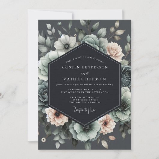 Charcoal Muted Anemone Wedding Einladung (Vorderseite)