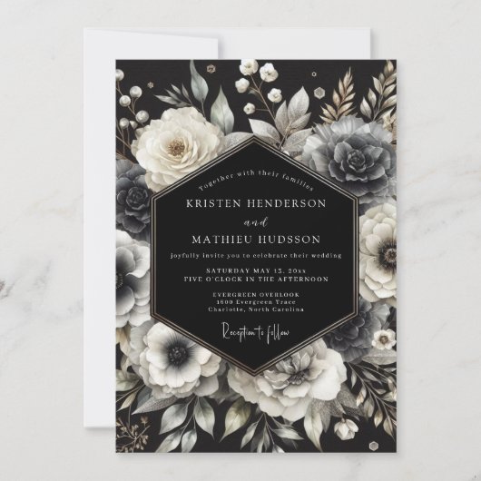 Charcoal Opulent Bloom Wedding Einladung (Vorderseite)