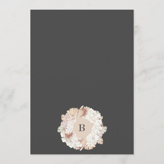 Charcoal Pampas Wreath Cream Boho Monogram Wedding Menükarte (Rückseite)