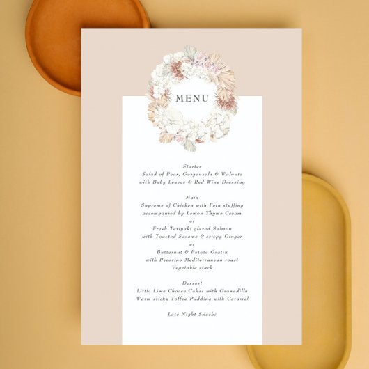 Charcoal Pampas Wreath Cream Boho Monogram Wedding Menükarte