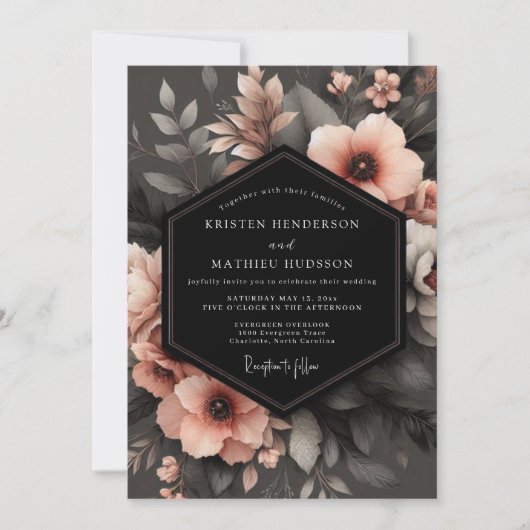 Charcoal Peach Shadowy Flora Wedding Einladung (Vorderseite)