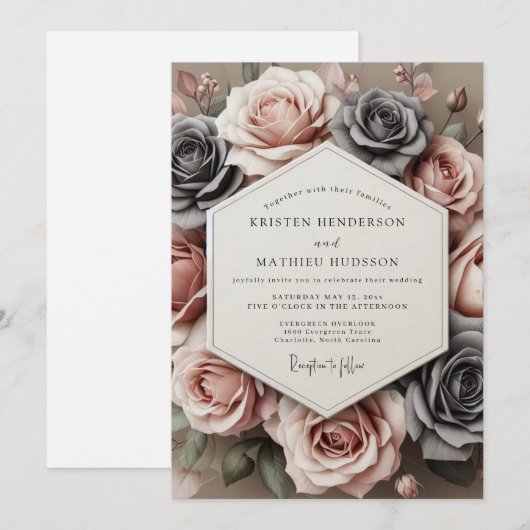 Charcoal Rose Timeless Bloom Wedding Einladung (Vorne/Hinten)