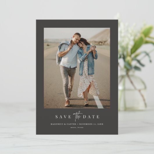Charcoal Simple Modern Minimalistisch Zwei Foto Save The Date (Stehend Vorderseite)