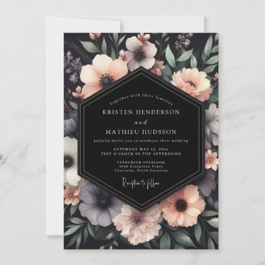 Charcoal Somber Anemone Wedding Einladung (Vorderseite)