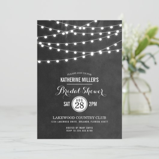 Charcoal String Lights Bridal Dusche Einladung (Stehend Vorderseite)
