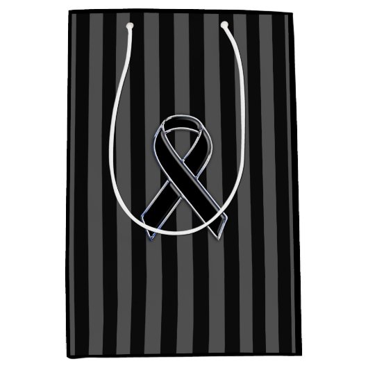Charcoal Stripes Style Black Ribbon Awareness Mittlere Geschenktüte (Vorderseite)