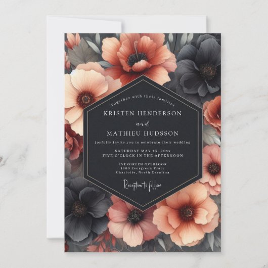 Charcoal & Terracotta Dramatic Bloom Wedding Einladung (Vorderseite)