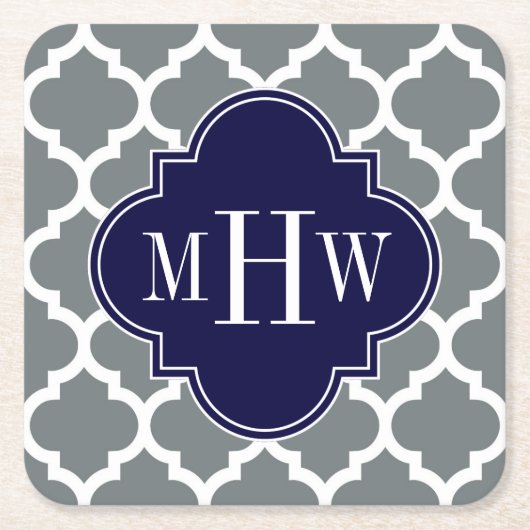 Charcoal White Marokcan #5 Navy 3 Initial Monogram Rechteckiger Pappuntersetzer (Vorderseite)