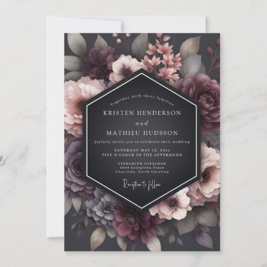 Charcoal Wistful Blossom Wedding Einladung (Vorderseite)