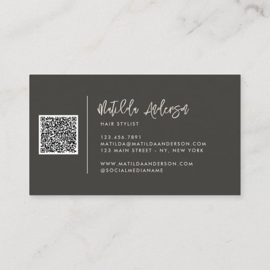 Charcograu modernes Minimalskript QR CODE Visitenkarte (Rückseite)