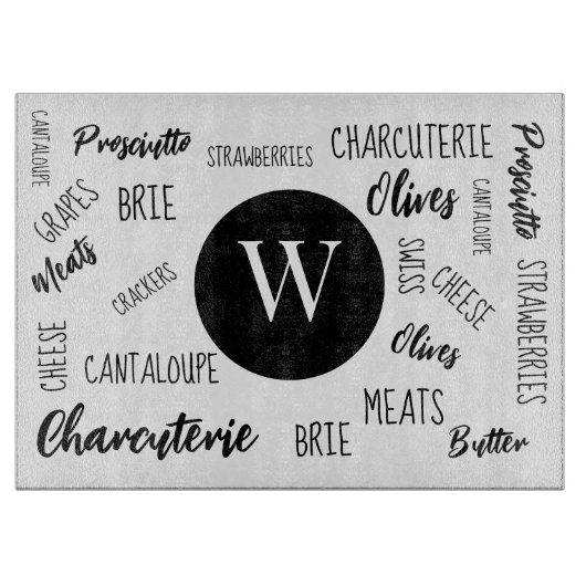 Charcuterie Words Typografy Monogram Schneidebrett (Vorderseite)