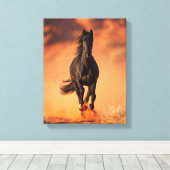 Charging Black Horse Fiery Sunset Art Leinwanddruck (Insitu (Holzboden))