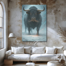Charging Bull im Schnee Winter Blau Western Art