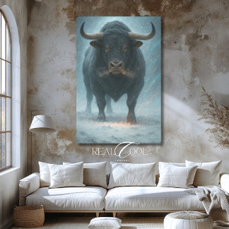 Charging Bull im Schnee Winter Blau Western Art Leinwanddruck