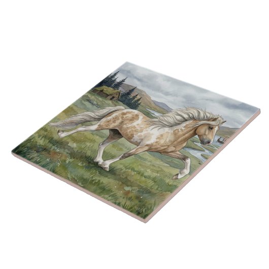 Charismatic Pinto Icelandic Mare watercolor Fliese (Seite)