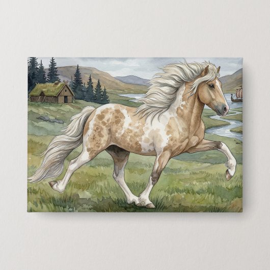 Charismatische Pinto-Isländer-Stute Aquarell Button (Vorderseite)