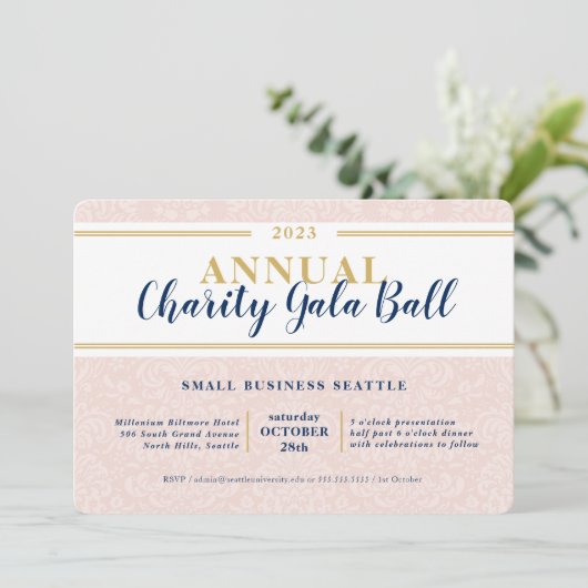 CHARITY GALA BALL elegant event navy pink gold Einladung (Stehend Vorderseite)