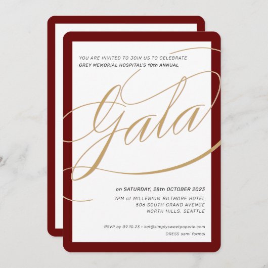 CHARITY GALA elegant formal calligraphy maroon Einladung (Vorne/Hinten)