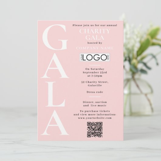 Charity Gala Fundraising Event QR Code Logo Pink Einladung (Stehend Vorderseite)