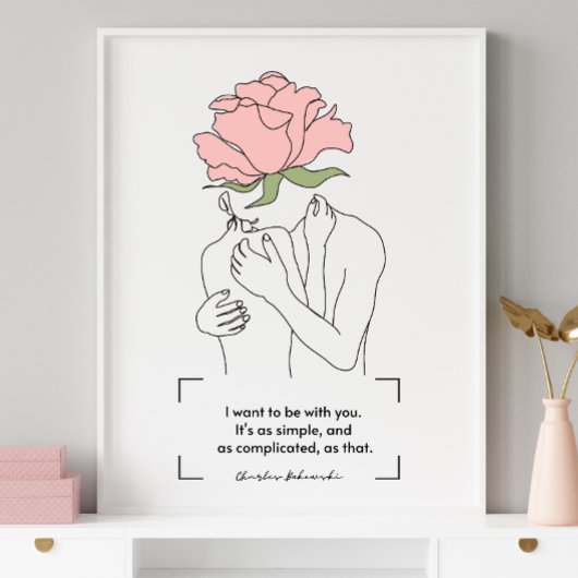 Charles Bukowski Pink Rose Line Art Liebe Quotes Poster