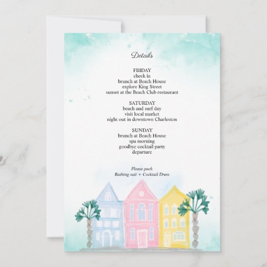 Charleston Bachelorette Weekend Itinerary Palm Einladung (Rückseite)