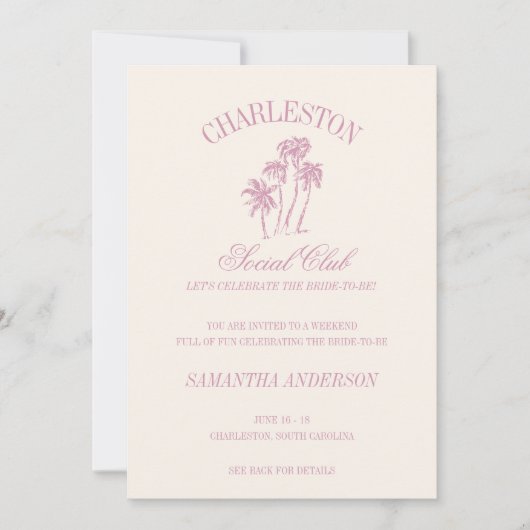 Charleston Bachelorette Weekend Pink Social Club Einladung (Vorderseite)