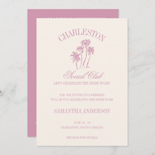 Charleston Bachelorette Weekend Pink Social Club Einladung (Vorne/Hinten)