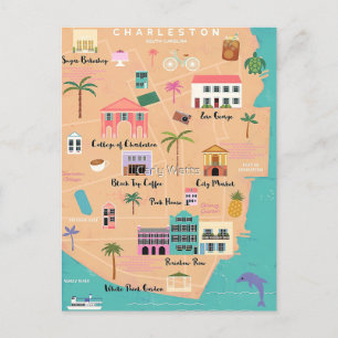 Charleston Illustriert Map Postkarte