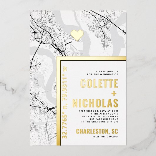 Charleston Liebe Locator | Städtische Hochzeit Folieneinladung (Vorderseite)