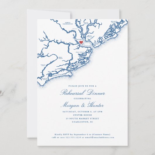 Charleston Map Navy Blue Wedding Probe Dinner Einladung (Vorderseite)