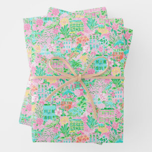 Charleston Pastell Preppy Palm Beach Muster Druck Geschenkpapier Set