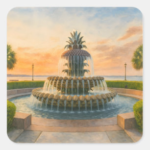 Charleston Pineappbrunnen Wasserfarbe Sonnenunterg Quadratischer Aufkleber