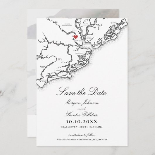 Charleston SC Elegant Black and White Wedding Save The Date (Vorne/Hinten)